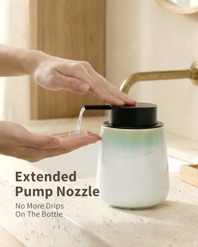 Bosilunlife 12Oz Ceramic Foam Soap Dispenser for Bathroom Kitchen Counter | Premium countertop foam pump creates delicate dense foam, stable desktop placement, Blue-Green Rim - color: Blue-green Rim