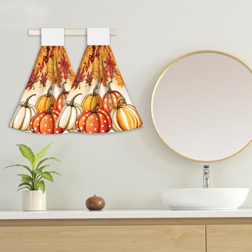 Giwawa Autumn Pumpkin Hanging Hand Towels Set of 2 Maple Leaves Bath Tie Towel Thanksgiving Absorbent Dish Wipe Washcloth for Kitchen Tabletop Room - color: Pumpkin Maple Leaf