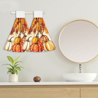 Giwawa Autumn Pumpkin Hanging Hand Towels Set of 2 Maple Leaves Bath Tie Towel Thanksgiving Absorbent Dish Wipe Washcloth for Kitchen Tabletop Room - color: Pumpkin Maple Leaf