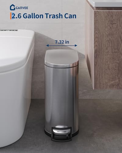 Garvee 2.6 gal / 10 L Stainless Steel Bathroom Trash Can with Lid, Slim Waterproof Garbage Can for Bedroom, Small Step-on Metal Trash Bin with Inner Bucket, Rear Handle, Soft Close Lid, Silver - color: Silver, size: 2.6 Gallons