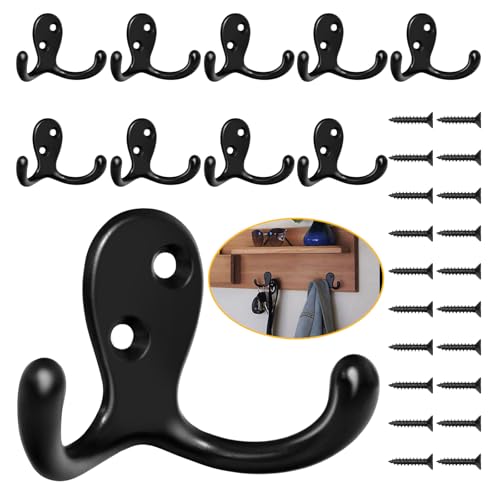 Homanu 10 Pack Coat Hooks, Heavy Duty Double Prong Coat Hooks Wall Mounted with 20 Screws, No Rust Black Metal Wall Hooks for Hanging Towel, Coat, Bag, Hat, Cup, Key - color: 10 Pcs Black