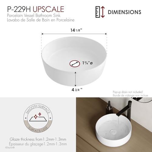 Stylish 14-1/8" White Round Vessel Bathroom Sink, Glossy Porcelain Bowl with Slim Edge, Above-Counter Installation, High-Gloss Finish Set of 2, P-229H-2 - style: 14-1/8" White Round Vessel set 2