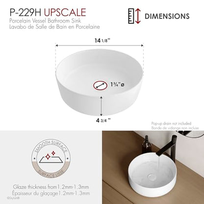 Stylish 14-1/8" White Round Vessel Bathroom Sink, Glossy Porcelain Bowl with Slim Edge, Above-Counter Installation, High-Gloss Finish Set of 2, P-229H-2 - style: 14-1/8" White Round Vessel set 2