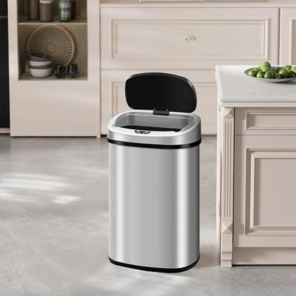 Automatic 13 Gallon Kitchen Stainless Steel Touch Free Trash Can with Lid High-Capacity Waste Bin with Ring Garbage Can for Home Kitchen Bathroom Bedroom Office