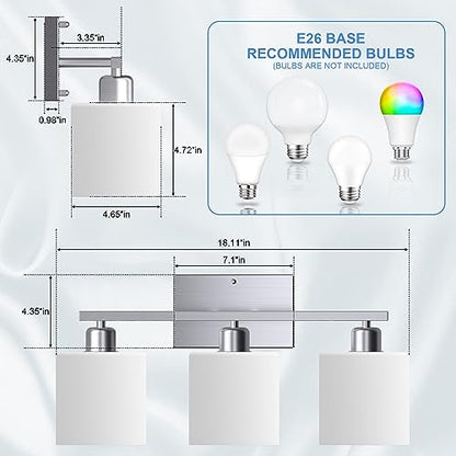 18 Inches Bathroom Light Fixtures Over Mirror Brushed Nickel | Anti-Rust 3-Light Vanity Lights Over Mirror, E26 Standard Socket, Milky White Glass Shades, Bulbs Not Included - color: Brushed Nickel-3 Light