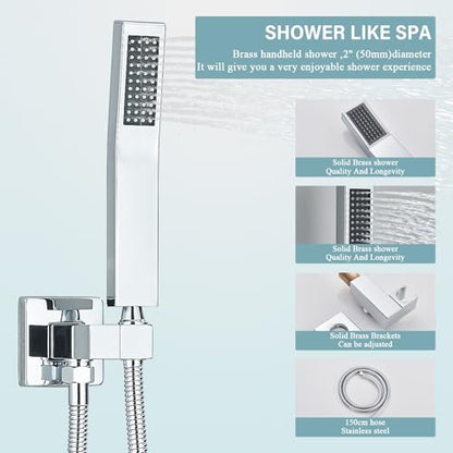Ceiling Mount Shower Faucet Set 12 Inch LED Rainfall Shower Head Bathroom Rainfall Shower System with Handheld Spray Rough-in Valve Body and Trim Included, Chrome Finished - color: ‎Polished Chrome, style: 12"-led
