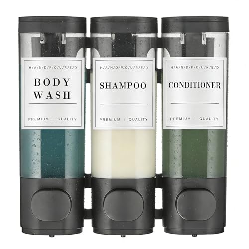 Shower Soap Dispenser Wall Mounted No Drill Shampoo Dispenser for Shower Wall Shampoo and Conditioner Dispenser Bathroom Hotel 3 * 300ml Black with Labels - color: Black 3