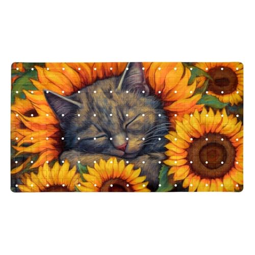 Shower Mat Non-Slip Bathtub Mats with Suction Cups and Drain Holes, Sleeping Cat Sunflower Design, Easy to Clean for Bathroom, 26.8x15.1In - color: Multi 13