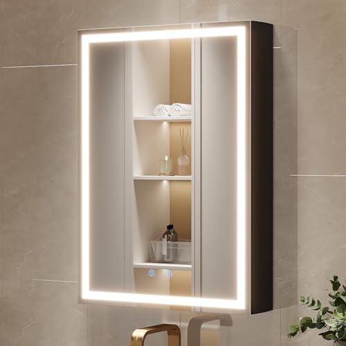 Spliceable Modular LED Lighted Bathroom Medicine Cabinet Mirror with Anti-Fog Aluminum Frame, Adjustable Lighting, Built-in Sockets & USB Ports – Wall Mounted (Left Hinge, 28" L x 20" W) - color: 20"×28" Led Left Hinge Cabinet