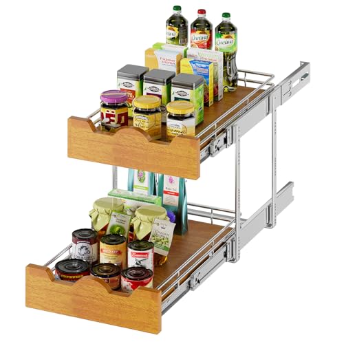 DINDON 2 Tier Pull Out Cabinet Organizer (11" W x 21" D) Slide Out Wood Shelf Organizers Double Tier Kitchen Wire Basket with Chrome Finish… - size: 11'' W X 21'' D