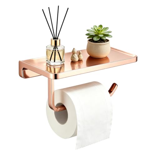 TRUSTMI Toilet Paper Holder with Shelf & Phone Stand, Plated Brushed Gold | Solid zinc alloy holder holds 15 lbs and fits jumbo rolls. Shelf stores phones and wipes for easy bathroom organization. - color: Plated Rose Gold, size: 7.1" x 4.3"