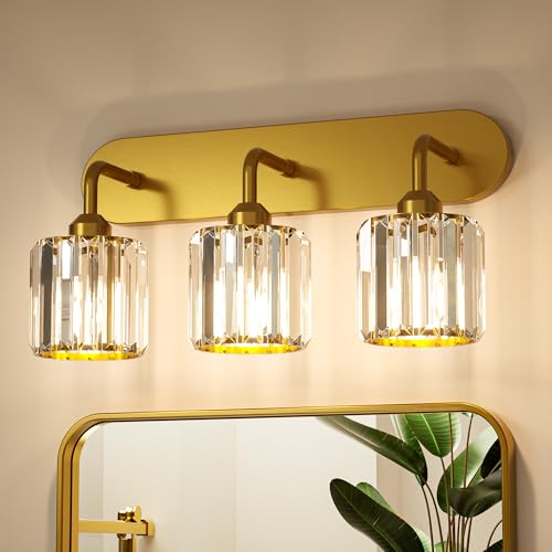 Keonjinn 3-Light Gold Bathroom Light Fixtures, Crystal Bathroom Vanity Lights Over Mirror, Gold Vanity Lighting Fixtures with Crystal Square Shades (E26 Base, Blub Not Included) - color: Gold, size: 3-Light