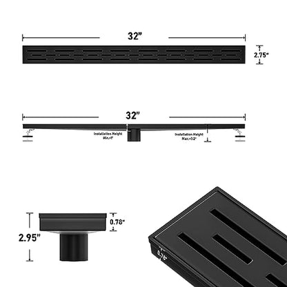 Linear Shower Drain 32" Matte Black 304 Stainless Steel | with Drain Grate| Fast Drainage | Stainless Floor Drain Grate | Hair Strainer | Drain Key | The Upgrade for Your Bathroom - size: 32 Inch