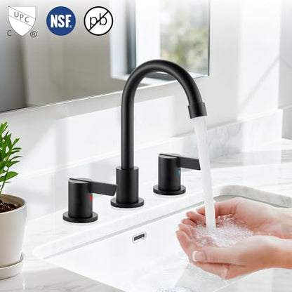 Bathroom Sink Faucet 3 Hole, 8 Inch Widespread, Matte Black | Lead-Free SUS304 Stainless Steel 8-Inch Widespread Bathroom Faucet with Pop-Up Drain & Supply Lines - color: Matte Black