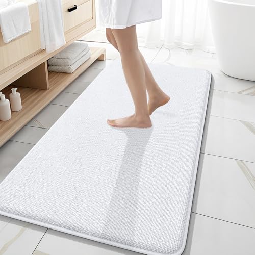 OLANLY Memory Foam Bathroom Runner Rugs 47x20, Absorbent Long Mat, White | Soft Quick Dry Bath Rugs, Non-Slip Carpet, Machine Washable Mat for Bathroom Floor, Tub and Shower, Home Decor Accessories - color: White, size: 47" X 20"