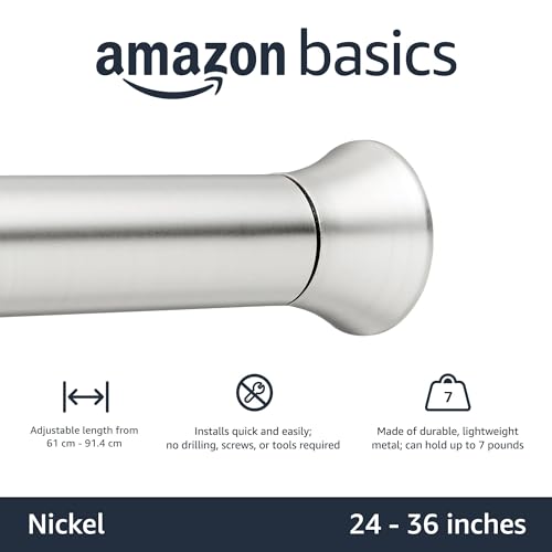 Amazon Basics Easy to Install Spring Tension Curtain Rod, No Drill, Adjustable 24-36" Width, Nickel, Classic Finial, 7 Pound Weight Capacity - color: Nickel, size: 24-36"