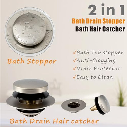 Tub Drain, 2 in 1 Pop-up Bathtub Plug with Hair Catcher | Easy Installation Bath Drain Stopper with Strainer, Brushed Nickel - color: Brushed Nickel
