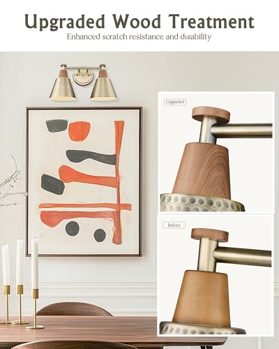FEMILA 2 Light Bathroom Vanity Light Fixtures Over Mirror, Modern Brass Gold Bathroom Lighting Fixtures with Metal Shades, Woodgrain Finish, 4FG59B-2W BG-NW - color: Brass Gold & New Woodgrain, size: 15"