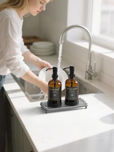 Luxspire 17 oz Glass Liquid Soap Dispenser Set, Amber + Dark Gray, 2 Pack | Anti-drip pump, wide mouth easy refill, non-slip silicone base, 7 waterproof labels, refillable glass for hand dish soap - color: Brown+gray