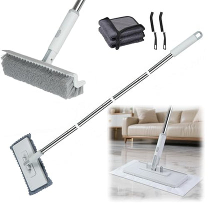 4 in 1 Snap Grip Mini Mop with Squeegee, Floor Scrub Brush with Long Handle | Click Mop, 2 Shiny Towels Wipes Cleaning Cloths, 2 Crevice Brush, Snap Grip Mop for Windows Car Glass Floor Shower Bathroom