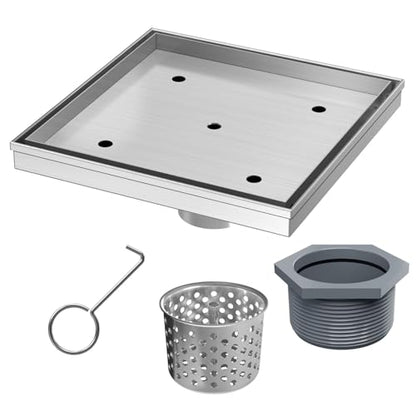8 Inch Square Shower Drain with Tile Insert Grate, Brushed | 304 Stainless Steel, Square Tile Floor Drain for Bathroom, Removable Tile-In Drain Grate with Hair Strainer, cUPC Certified - size: 8 inch