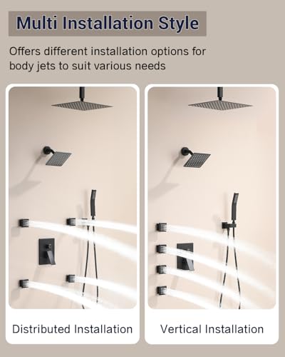 Dual Rainfall Shower Head System with 4 Body Jets, JetsBath Shower Faucet Set Double Shower Head 6-Inch Shower Head & 12” Rain Shower, Luxury Matte Black Shower Faucet Set Tandem Shower Head System - color: Matte Black