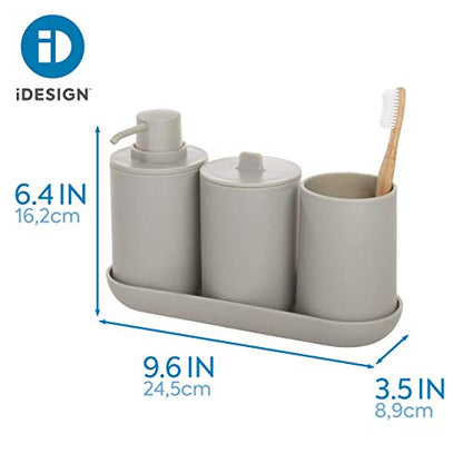 iDesign Bathroom Accessories Set, 4-Piece Sink Tidy with Soap, Toothbrush Holder, Cotton Pad Dispenser and Tray, Made of Plastic, Grey, 24.5 cm x 8.9 cm x 16.2 cm - color: Matte Gray, size: 24.5 cm x 8.9 cm x 16.2 cm