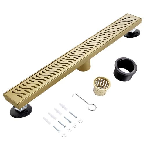 Linear Shower Drain, 28 inch Brushed Gold | Including Hair Catcher and Removable Grate, 304 Stainless Steel, Easy to Install and Clean (Drain Base Not Included) - color: Brushed Gold, size: 28 inch