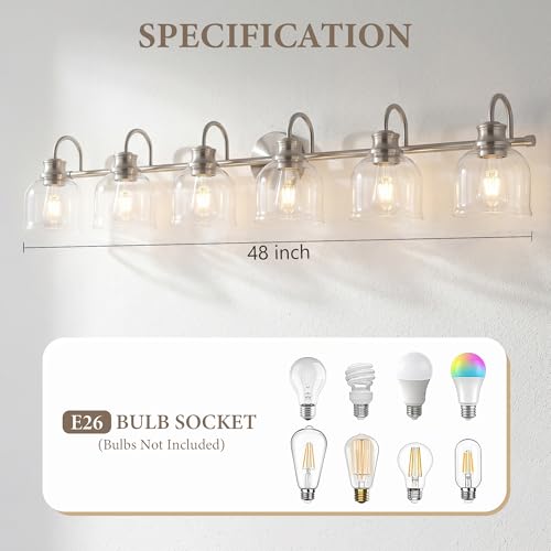 URSOLA 6 Lights 48" Bathroom Vanity Light Fixtures, Brushed Nickel Traditional Classic Vanity Light with Clear Glass, Bathroom Lighting Fixtures Over Mirror - color: Brushed Nickel, size: 6 Lights