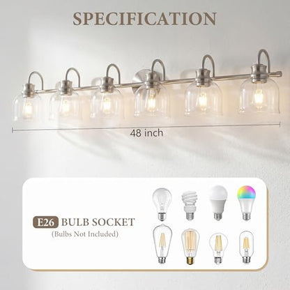 URSOLA 6 Lights 48" Bathroom Vanity Light Fixtures, Brushed Nickel Traditional Classic Vanity Light with Clear Glass, Bathroom Lighting Fixtures Over Mirror - color: Brushed Nickel, size: 6 Lights