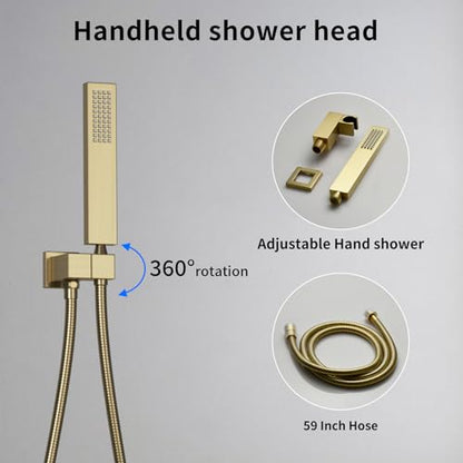 Dual Shower Mixer 6 Way Full Body Shower Head System Rain 12+8+8 Inch With Wall Mount 6 Pcs Jets 2 Handheld Shower Diverter Valve Digital Display Fauct Set,Brushed gold - color: Brushed gold