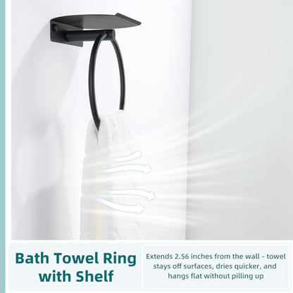 Hand Towel Ring with Shelf, Matte Black, 304 Stainless Steel | 8.07-Inch Storage Surface, Raised Back Edge, 180° Swivel Motion, Phone Storage, Modern Bathroom Upgrade, Small-Space Use - color: Matte Black