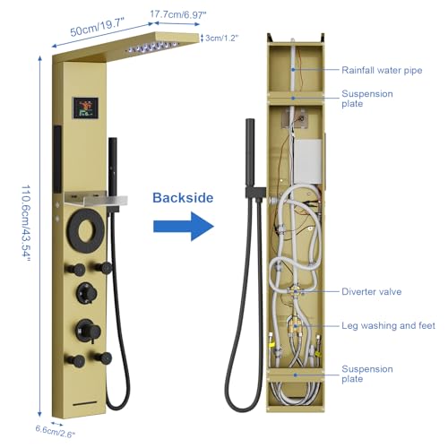 RUMOSE Brushed Gold Shower Panel Tower System, 5-Mode Shower Faucet Set | LED Light Rainfall Shower Head Digital Display with Massage Jets Tub Spout Shower Shelves, Stainless Steel, Wall Mount - color: Brushed Gold