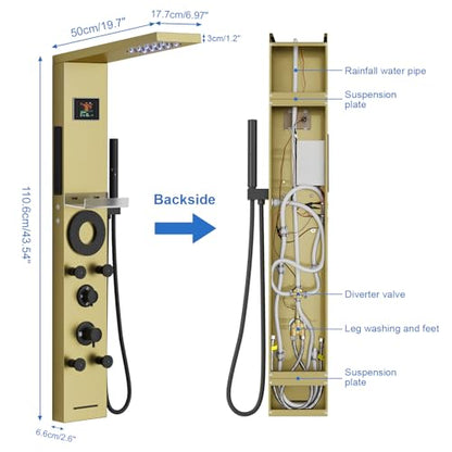 RUMOSE Brushed Gold Shower Panel Tower System, 5-Mode Shower Faucet Set | LED Light Rainfall Shower Head Digital Display with Massage Jets Tub Spout Shower Shelves, Stainless Steel, Wall Mount - color: Brushed Gold