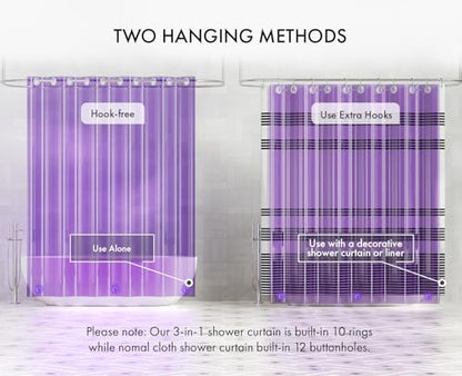 AmazerBath No Hook Shower Curtain and Liner 3-in-1, 8G Luxury Heavy Duty Clear Purple No Hook Shower Curtain Liner, 72x75 Cute EVA Bathroom Weighted Plastic Shower Curtain with 3 Heavyweight Stones - color: Rainbow Lavender