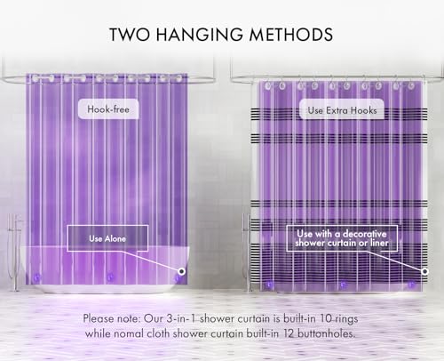 AmazerBath No Hook Shower Curtain and Liner 3-in-1, 8G Luxury Heavy Duty Clear Purple No Hook Shower Curtain Liner, 72x75 Cute EVA Bathroom Weighted Plastic Shower Curtain with 3 Heavyweight Stones - color: Rainbow Lavender, size: 72"W x 75"L (Pack of 1)