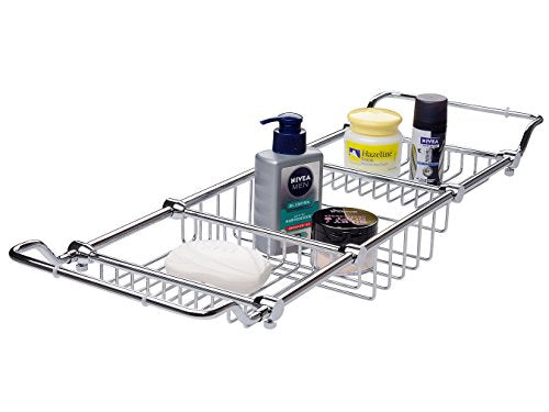 Brass Expandable Bathtub Caddy Over Tub Rack with Chrome Polished Finish for Elegant Bath Storage