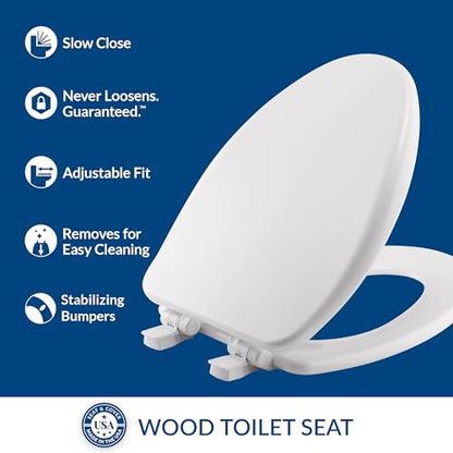 Bemis Alesio II Slow Close Toilet Seat, Easy Clean Hinges and Adjustable Perfect Fit Wood Seat, Made in USA, Elongated, White - color: White, size: Elongated
