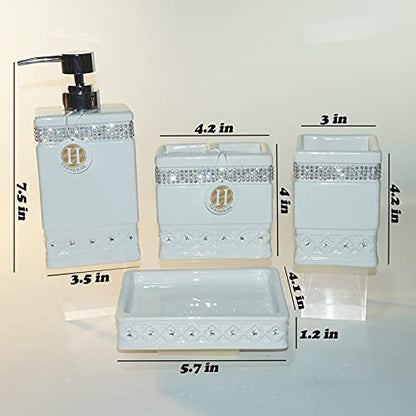 Bathroom Accessories Set 4 Pcs-Ceramic Gift Set Soap Dispenser Pump & Toothbrush Holder & Tumbler Cup & Soap Dish - Bathroom Home Decor Clearance, Countertop Vanity Organize (15 Ounce) - size: 15 Ounce White