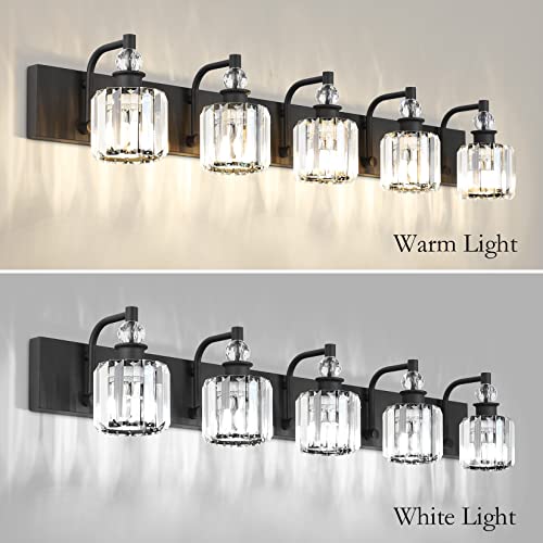 Ralbay Crystal Black Vanity Light Fixtures 5 Light Crystal Bathroom Light Fixtures Over Long Mirror Modern Matte Black Bath Wall Lights - color: Black, size: 40 inch