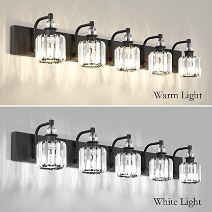 Ralbay Crystal Black Vanity Light Fixtures 5 Light Crystal Bathroom Light Fixtures Over Long Mirror Modern Matte Black Bath Wall Lights - color: Black, size: 40 inch