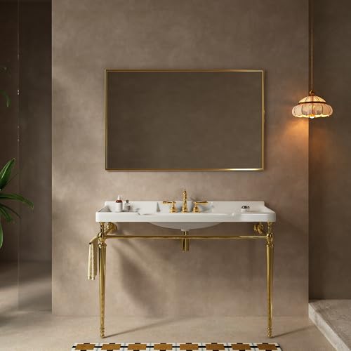 48" Bathroom Console Sink, VICI Wall Mounted Ceramic Basin with 3 Faucet Holes, Vanity Sink with Overflow, Freestanding Stainless Steel Legs, Towel Bar, Modern Bathroom Sink, White Top+Gold Leg - color: White,gold, size: 48''+White Top+Gold Leg