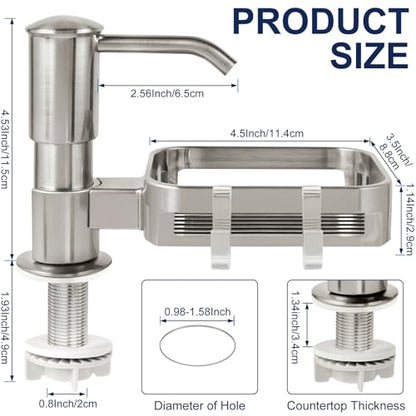 Soap Dispenser for Kitchen Sink, Built in Sink Soap Dispenser Pump with Sponge Holder, Brushed Nickel ABS Sink Dish Soap Dispensers Under Counter, with 39" Extension Tube Kit,No Refill Needed - color: Brushed Nickel