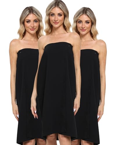 Lightweight Waffle Bath Towel Wraps for Women after Shower | Soft, Knee Length, Adjustable Closure, Thin Robe Body Bathrobes with Pocket for Spa, Gym, Sauna, Beach & Pool - color: 3 Pack Black Spa Wrap Towel