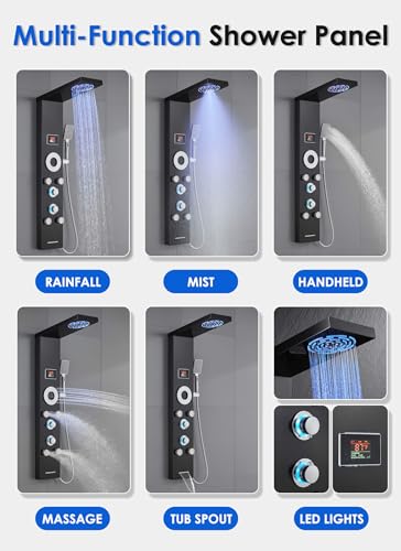 ROVOGO Shower Panel Tower With Led Lights & Digital Display, Water Powered | Rainfall Mist Shower Head, 5 Body Jets, Handheld and Tub Spout, Stainless Shower Column with Brass Valves, 46.5 Inch, Black - style: 5-Function-Black-Water Powered