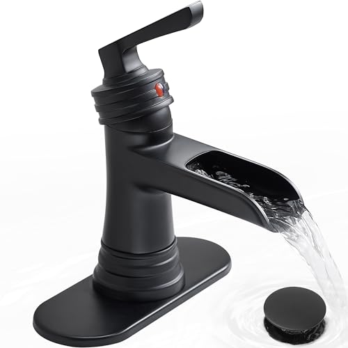 Matte Black Bathroom Faucet 1 Hole, Brass Waterfall Bathroom Faucets 3 Hole 4 Inch Single Handle with Pop-up Drain, Deck Plate, Pre-Installed cUPC Hose for Lavatory, Farmhouse, 5 Mins Install - color: Matte Black