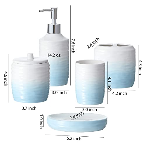 Bathroom Accessories Set, 5-Piece Ceramic Bath Accessory Complete Set with Lotion Dispenser/Soap Pump, Cotton Jar, Soap Dish, Tumbler and Toothbrush Holder (Blue and White Gradient)