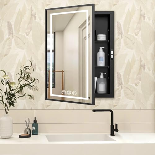 LED Medicine Cabinet Mirror, 22x30 Black Bathroom Storage Cabinet | Anti-fog mirror, Dimmable & 3 color lighting, adjustable shelves, plug in & wall switch, recessed & wall mounted installation - color: Black - Sc, size: 22x30