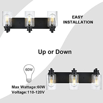 3 Lights Black Vanity Light Fixtures Over Mirror with Seedy Glass Shade,Industrial Wall Mount Lamp Metal Bathroom Lighting - color: Seedy Glass, size: 3 Light