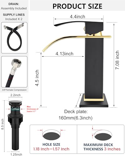 Midanya Waterfall Bathroom Faucet 1 Hole,Polish Gold Spout/Matte Black | with 24” Hoses,Pop Up Drain,6” Deck Plate,for 1 or 3 Hole Vanity,Lavatory,RV,Single Handle Bathroom Sink Faucet,NSF Certified - color: Bright Gold Spout/Black